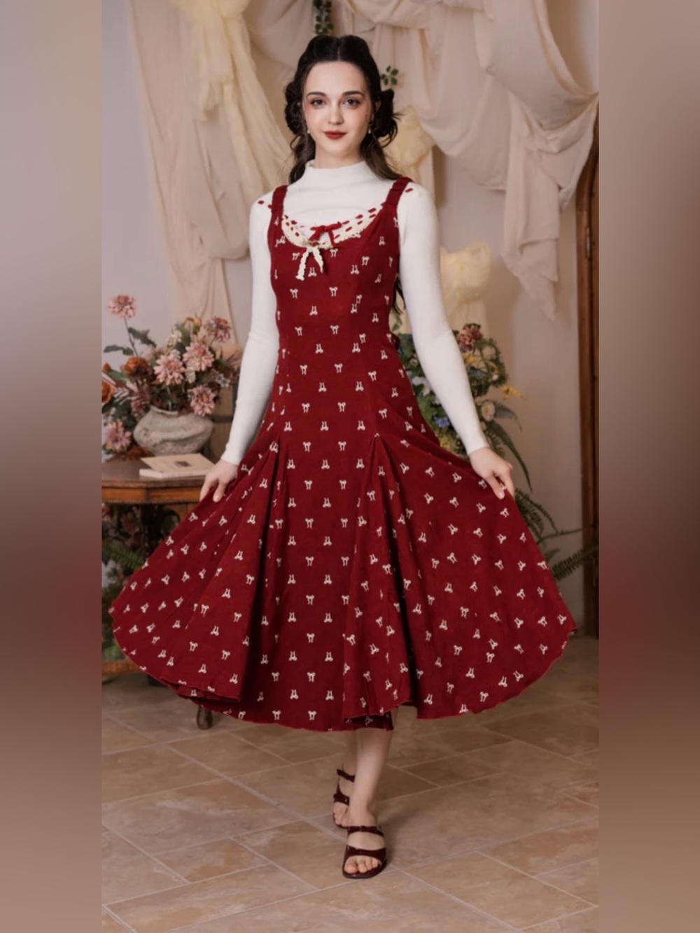 LaceMade "Cherry Blossom" vintage bow dress features a white lace collar size XS